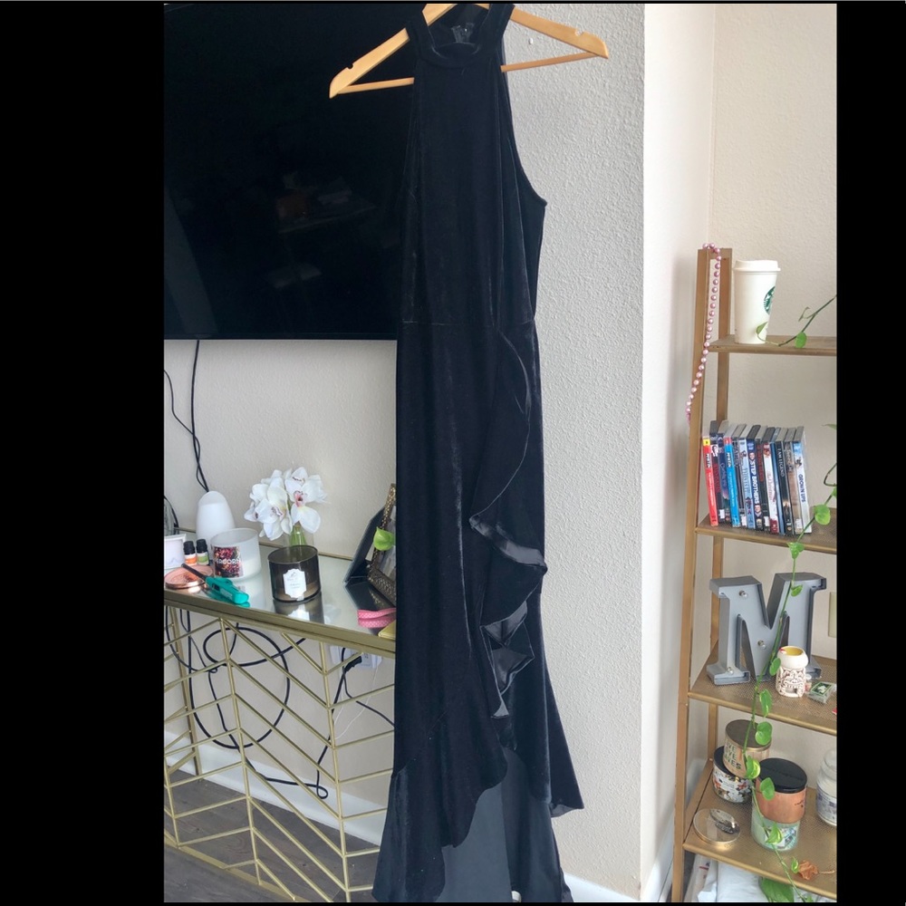 Black Velvet Thigh Slit Ruffle Detail Gown